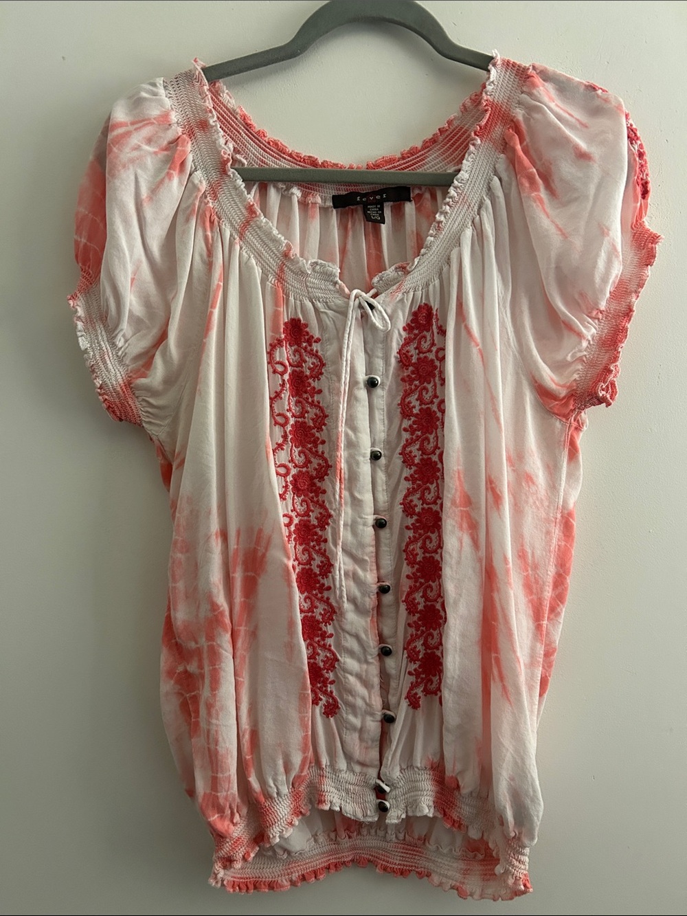 Women’s White Blouse with Coral Embroidery and Button Front